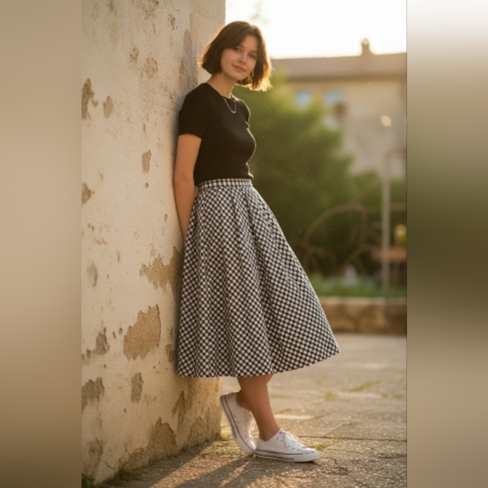 Talbots black and white gingham A-line midi skirt
